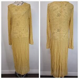 H&M Slip Maxi Dress Sz L/XL Prints Lace Mesh Sheer Yellow Long Sleeves Whimsycal